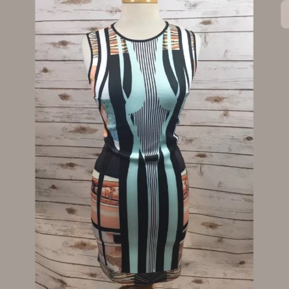 Clover Canyon Sleeveless Geo-Print Mini Dress in Black, Mint & Peach
